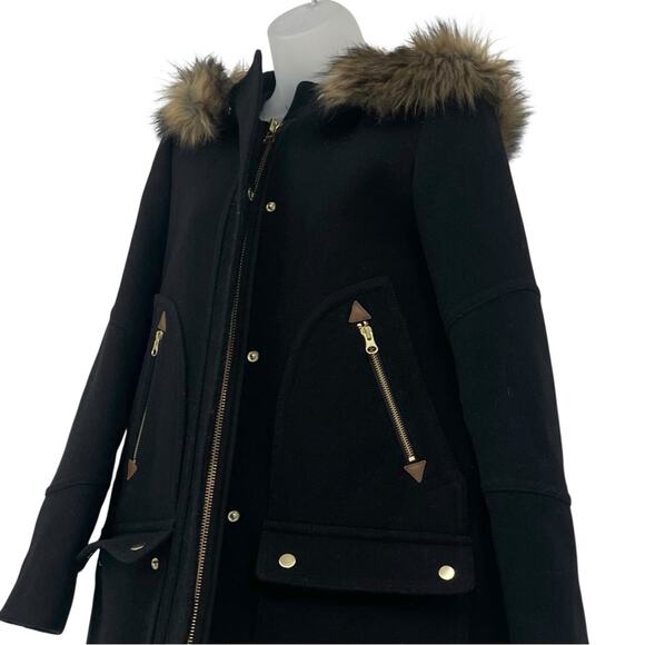 J.Crew Chateau Parka Wool Coat Black Fur Hood Size 2 A-Line Mid Thigh Warm Black - Picture 4 of 8